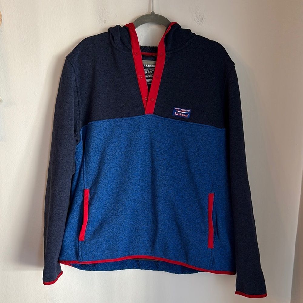L.L.Bean Sweater Fleece Pullover hooded Men Colorblock jacket sweatshirt XL EUC